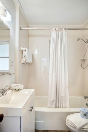 A bathroom with a bathtub, a sink, a toilet, and a shower curtain.