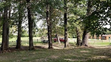 A fenced outdoor area with trees, a red vehicle, and a building in the background.