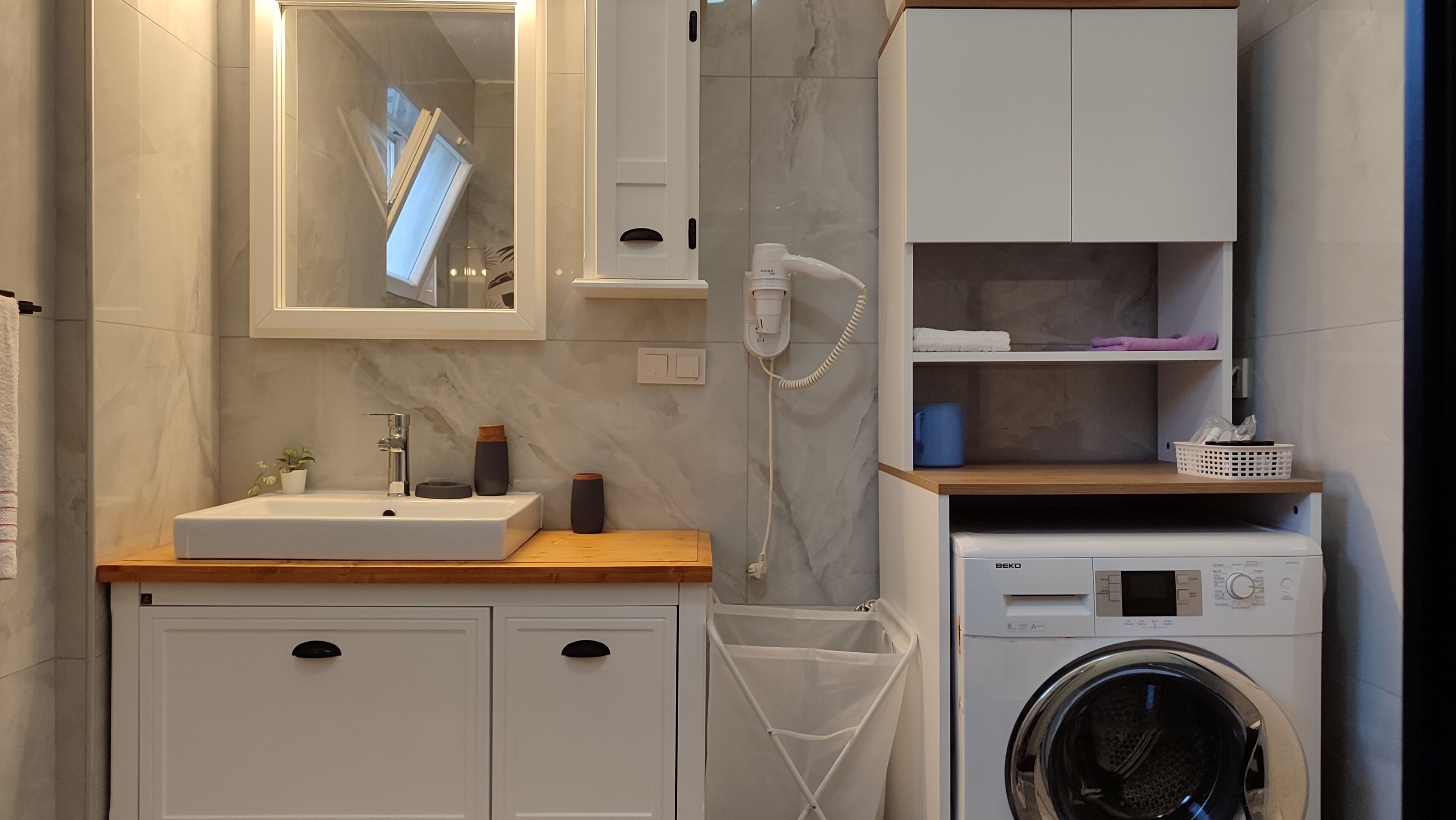 Hair dryer, towels, soap, toilet paper