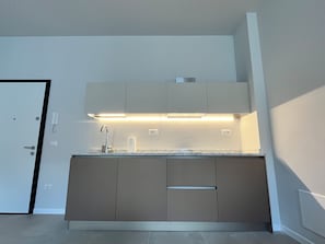 Una cocina compacta con encimera, lavabo y armarios.