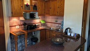 Una cocina compacta con armarios de madera, un microondas, un tostador y un lavamanos.