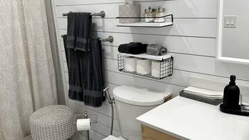 Hair dryer, towels, soap, shampoo