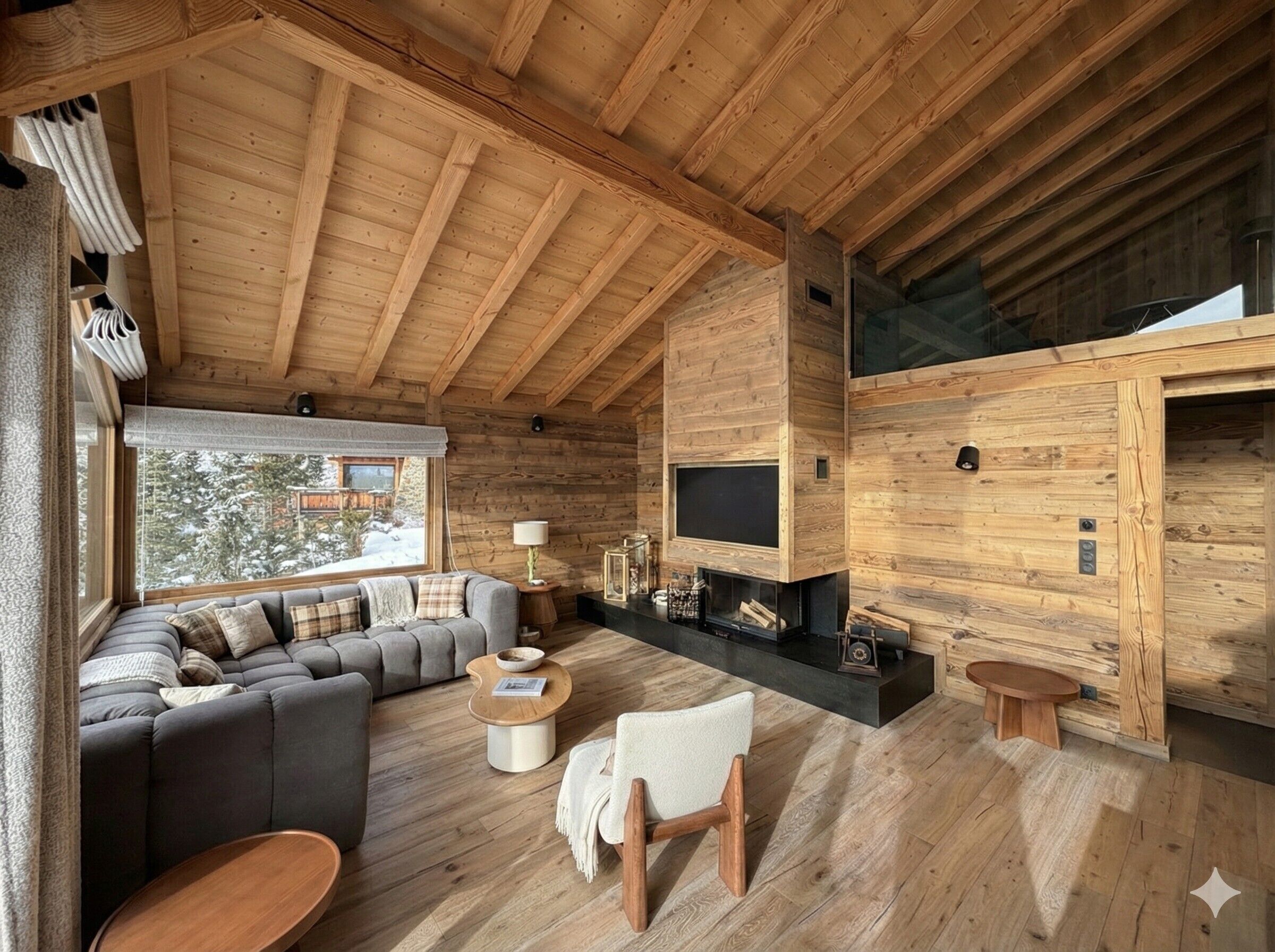 L’intérieur d’une cabane en rondins, avec un canapé, une cheminée, un plancher en bois et une grande fenêtre.