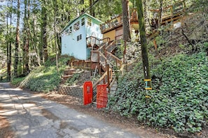 A house with a staircase leading to a deck, surrounded by dense forest.