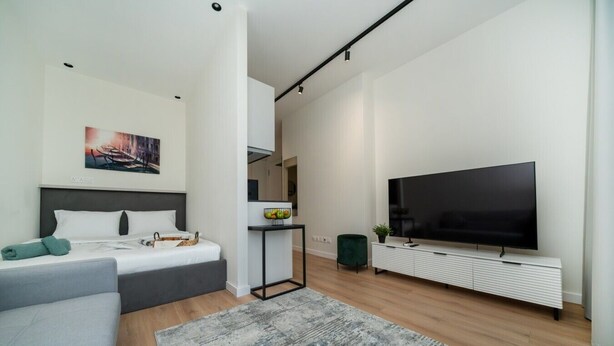 A modern hotel room with a bed, a sofa, a TV, and a small table with a plant. - New central studio with balcony (Limassol)
