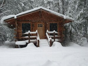 A wooden cabin with a snow-covered roof, surrounded by snow-laden trees.