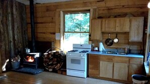 A rustic cabin interior with a wood-burning stove, a white stove, wooden cabinets, a window, and a sink.