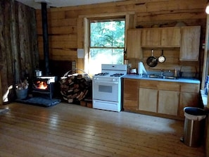 A rustic cabin interior with a wood-burning stove, a white stove, wooden cabinets, a window, and a sink.