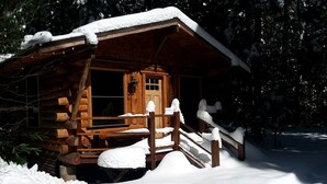 A wooden cabin with a snow-covered roof and steps leading to the entrance, surrounded by trees.