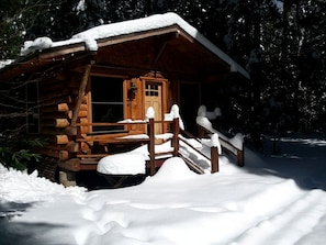 Une cabane en bois, dont le toit est recouvert de neige, avec des marches menant à l’entrée, et qui est entourée d’arbres.