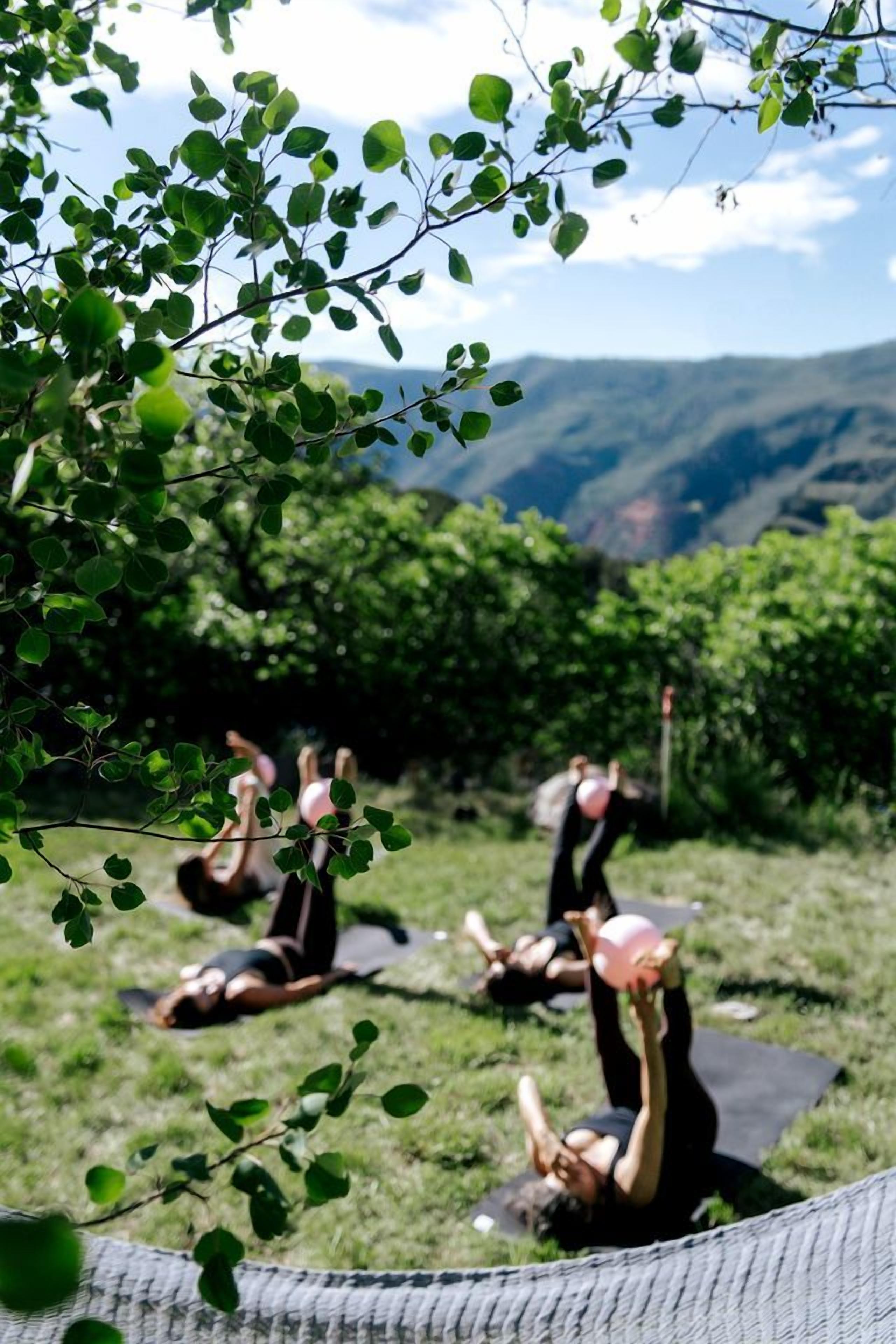 Un groupe de personnes pratiquant le yoga en plein air, avec une chaîne de montagnes en arrière-plan.