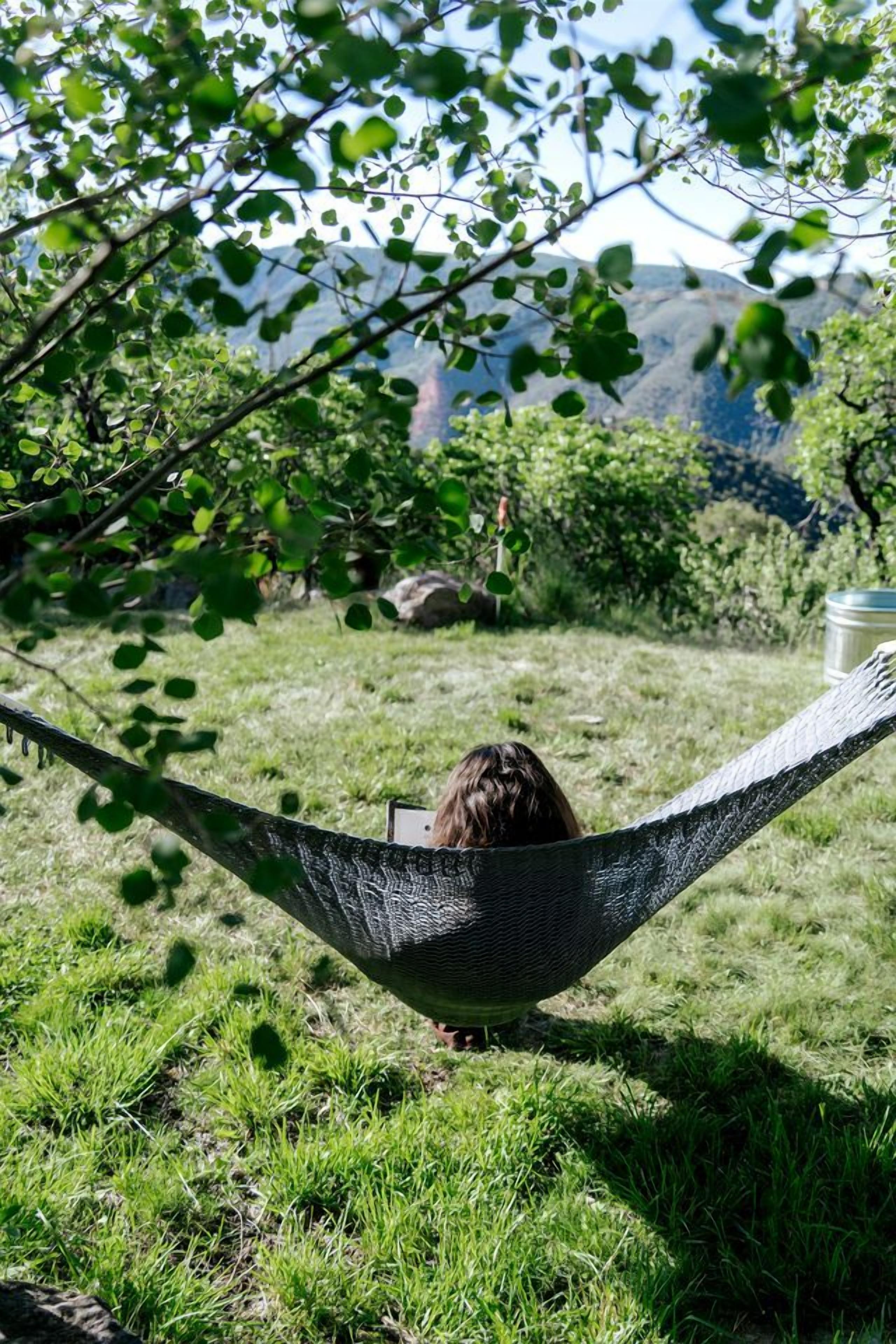 A hammock in a grassy area with trees and mountains in the background.