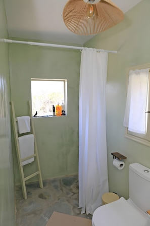 A bathroom with a window, a wooden ladder, a toilet, and a shower curtain.