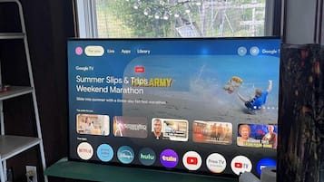Un televisor mostrando un evento de maratón, una ventana con vista a árboles y una cama gris para mascotas.