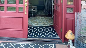 A red door with glass panels, a patterned mat, and a small figurine on the porch.