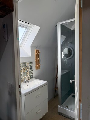 Shower, hair dryer, towels