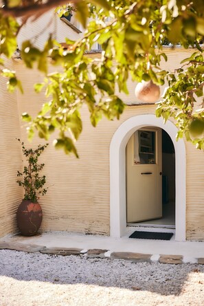An arched doorway leading to a room with a visible closet and a potted plant outside.