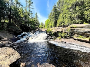 A natural water stream flowing over rocks, surrounded by dense forest.