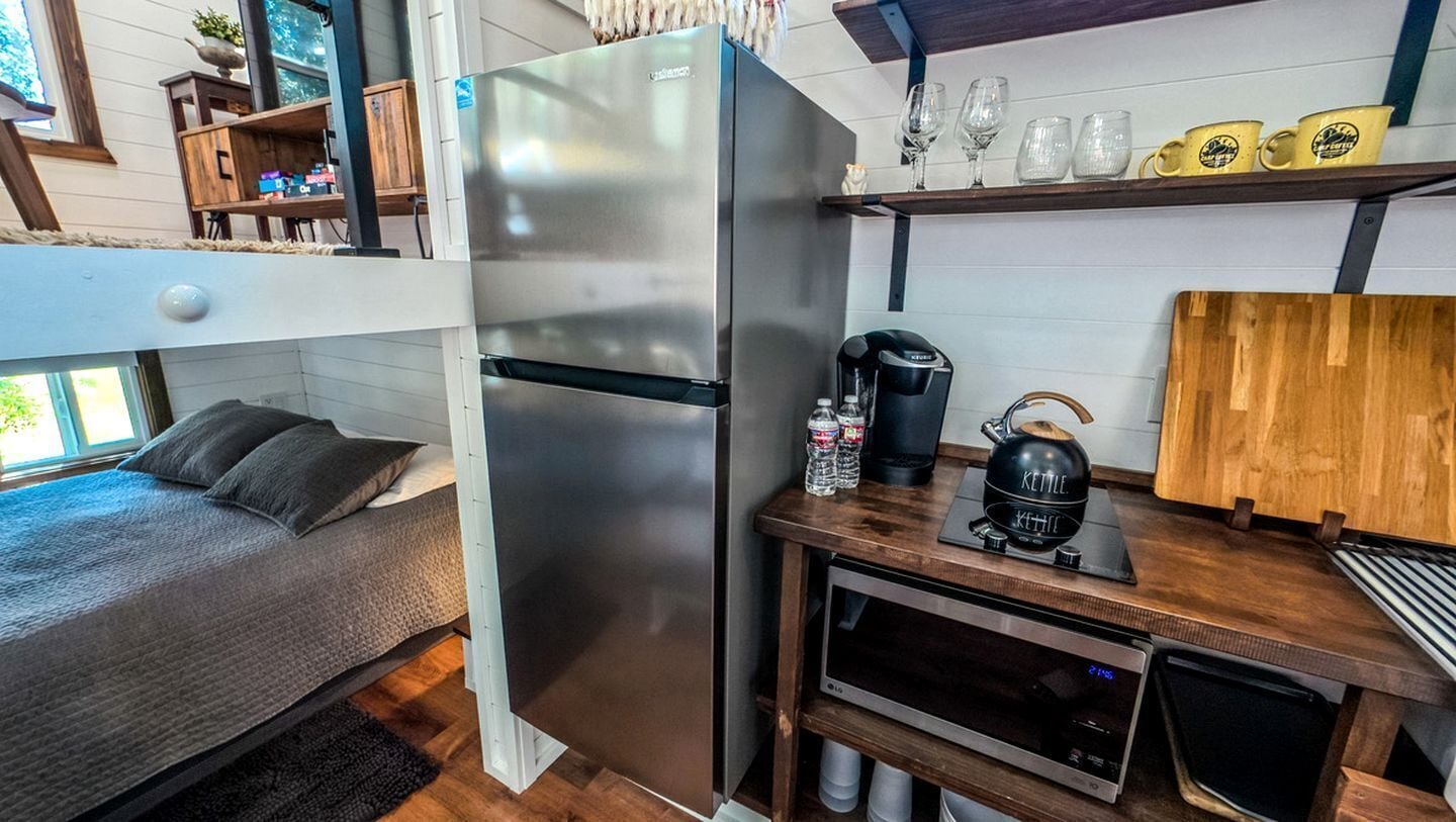 Fridge, stovetop, coffee/tea maker, cookware/dishes/utensils