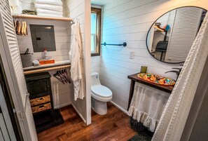 Un bany petit i funcional amb vàter, un lavabo amb respatller de rajoles decoratives, un escurapulides i un mirall.