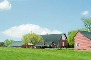 Ländliche Landschaft mit Scheunen und einem grünen Feld.
