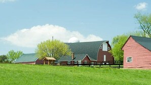 A rural landscape with barns and a green field. - Charming Cottage Overlooking Gorgeous Citation Bass and Bream Pond near Charlottesville (Gordonsville)