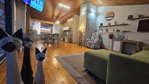 A cozy living room with wooden floors, a green sofa, a stone wall, and a television mounted on the wall. - AT ALICE'S HOUSE IN ASSISI Villa for rent in Assisi (Assisi)