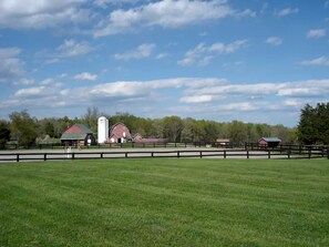 A rural landscape with a fenced field, a red barn, and a white silo.