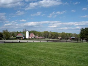A rural landscape with a fenced field, a red barn, and a white silo. - Spacious Modular Rental on Huge Horse and Cattle Farm near Charlottesville, Virginia (Gordonsville)
