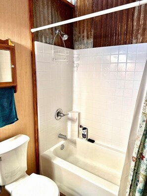 Ein Badezimmer mit Toilette, Badewanne und Duschvorhang.
