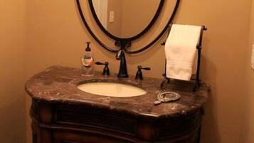 Jetted tub, hair dryer, towels, soap