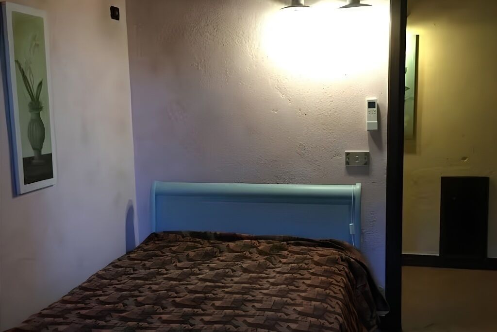 A room with a bed, a wall-mounted light, a thermostat, and a framed picture.