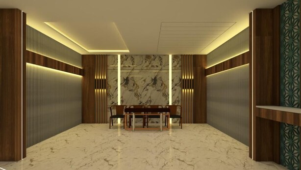 Un interior moderno con suelo de mármol, una mesa central y paneles de madera.