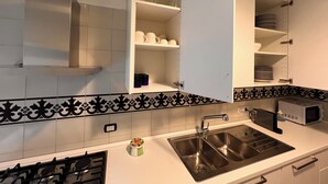 A kitchen with a double sink, a microwave, and open cabinets with dishes. - Gianicolo Hill Apartment (Roma)