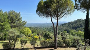A landscape with a prominent tree, a grassy area, and a distant view of a town and hills. - Provençal Villa with Private Pool, Panoramic Views & Sleeps 10 (Fayence)