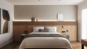 Un dormitorio moderno con cama, mesitas de noche, lámpara de pared y un cuadro enmarcado.