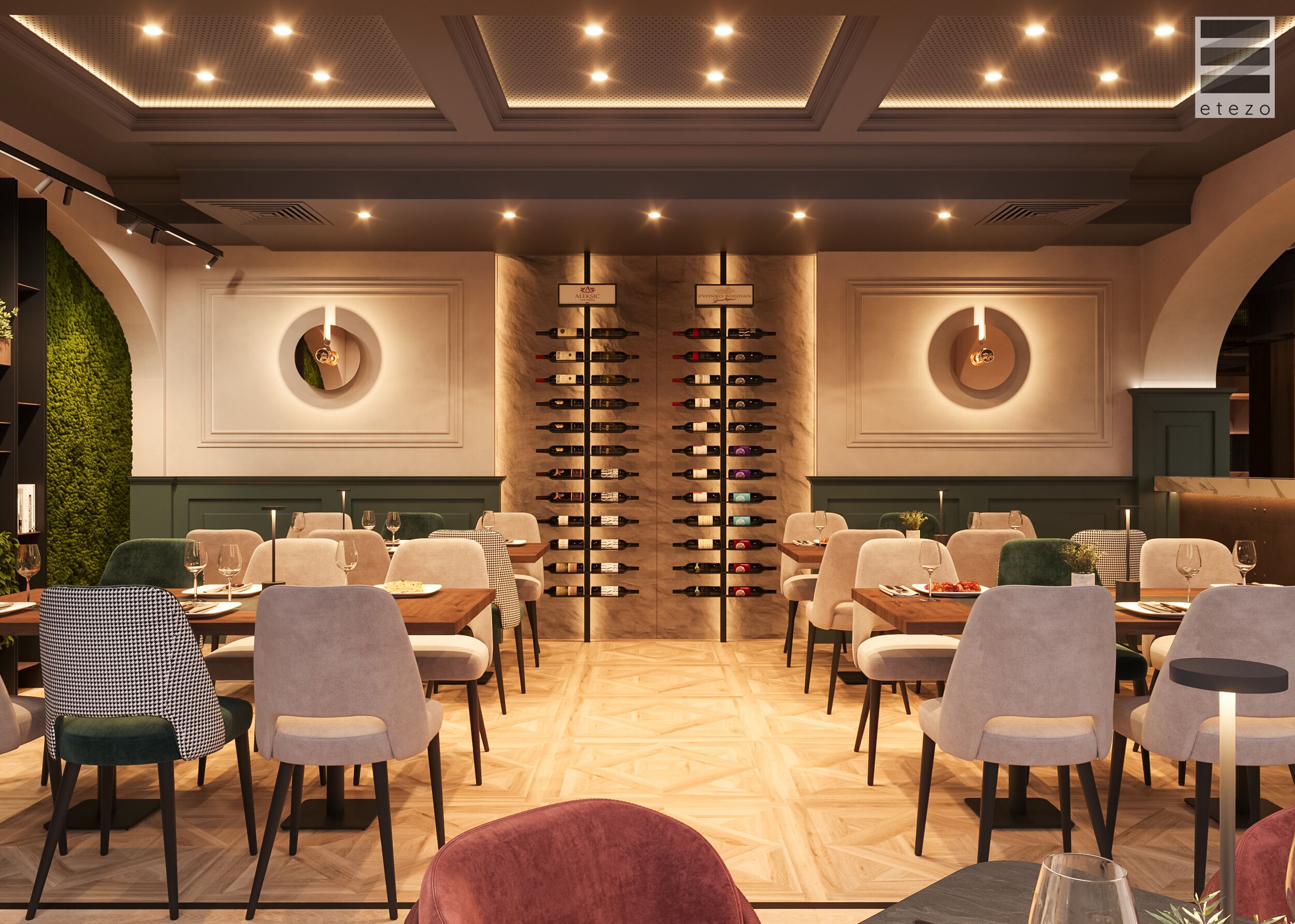 Un restaurant doté d’un grand présentoir à vin au centre, de nombreuses tables et des chaises.