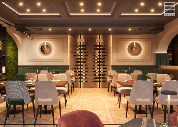 A restaurant with a central wine rack, multiple tables, and chairs. - Tailormade Hotel MEDIAN Niš (Niš)