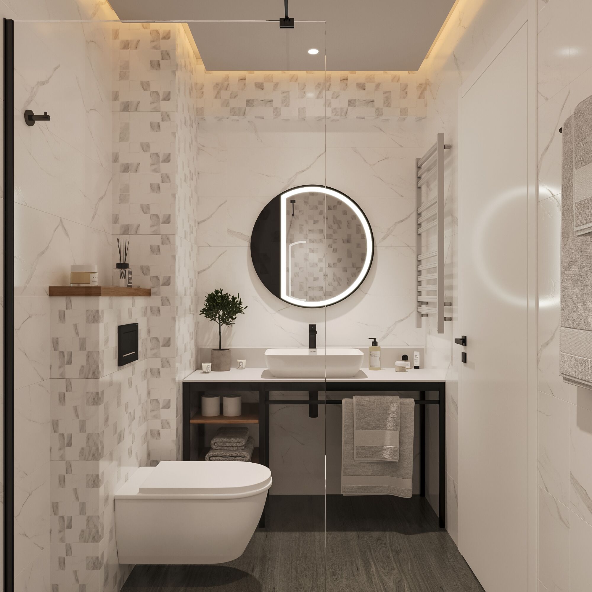Shower, hair dryer, towels, shampoo