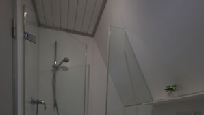 Et badeværelse med glasvæg omkring brusebad, toilet og en lille plante på en hylde.