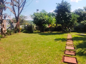 A grassy area with a stone pathway leading through a garden with trees and shrubs.
