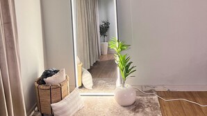 A room with a large mirror, a clock, a potted plant, a small wicker basket, and a textured rug.