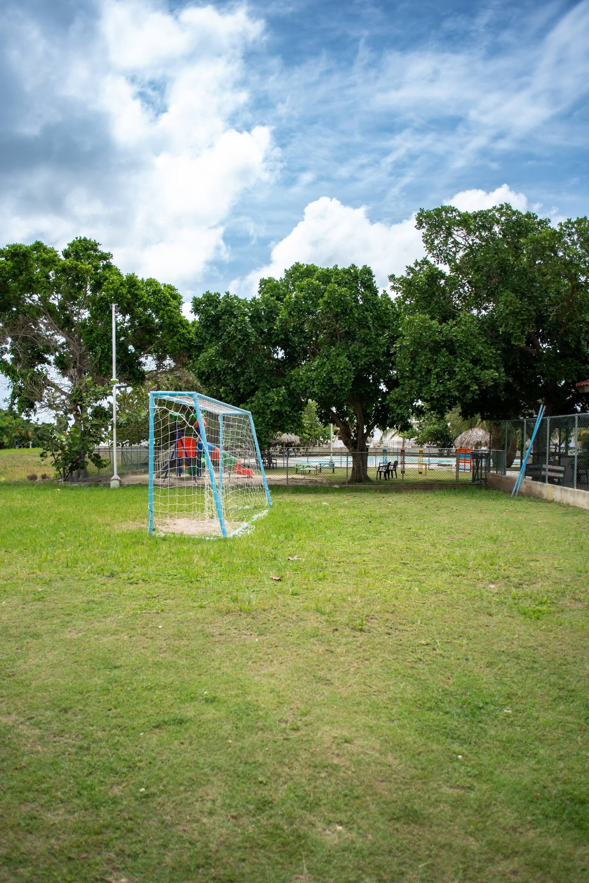 Un but de football dans un parc, avec des arbres et une clôture en arrière-plan.