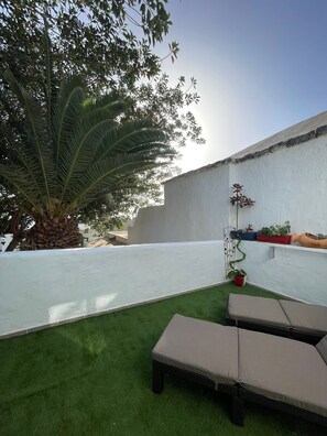 Eine Dachterrasse mit künstlichem Gras, einer großen Palme und einer Reihe von Topfpflanzen.