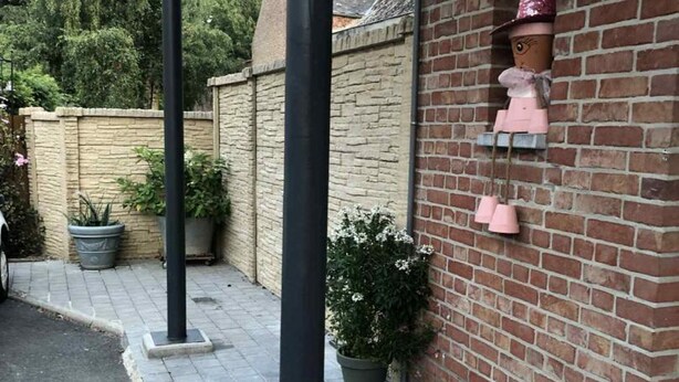 A brick wall with a small potted plant and a pink object on it.