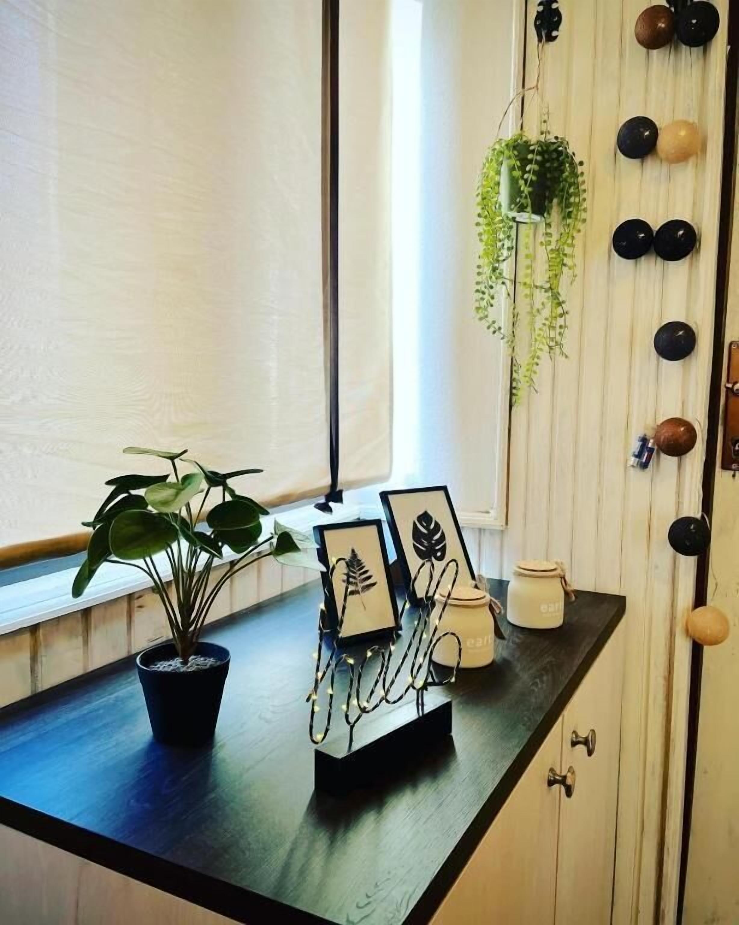 A kitchen counter with a potted plant, framed pictures, and a candle holder.