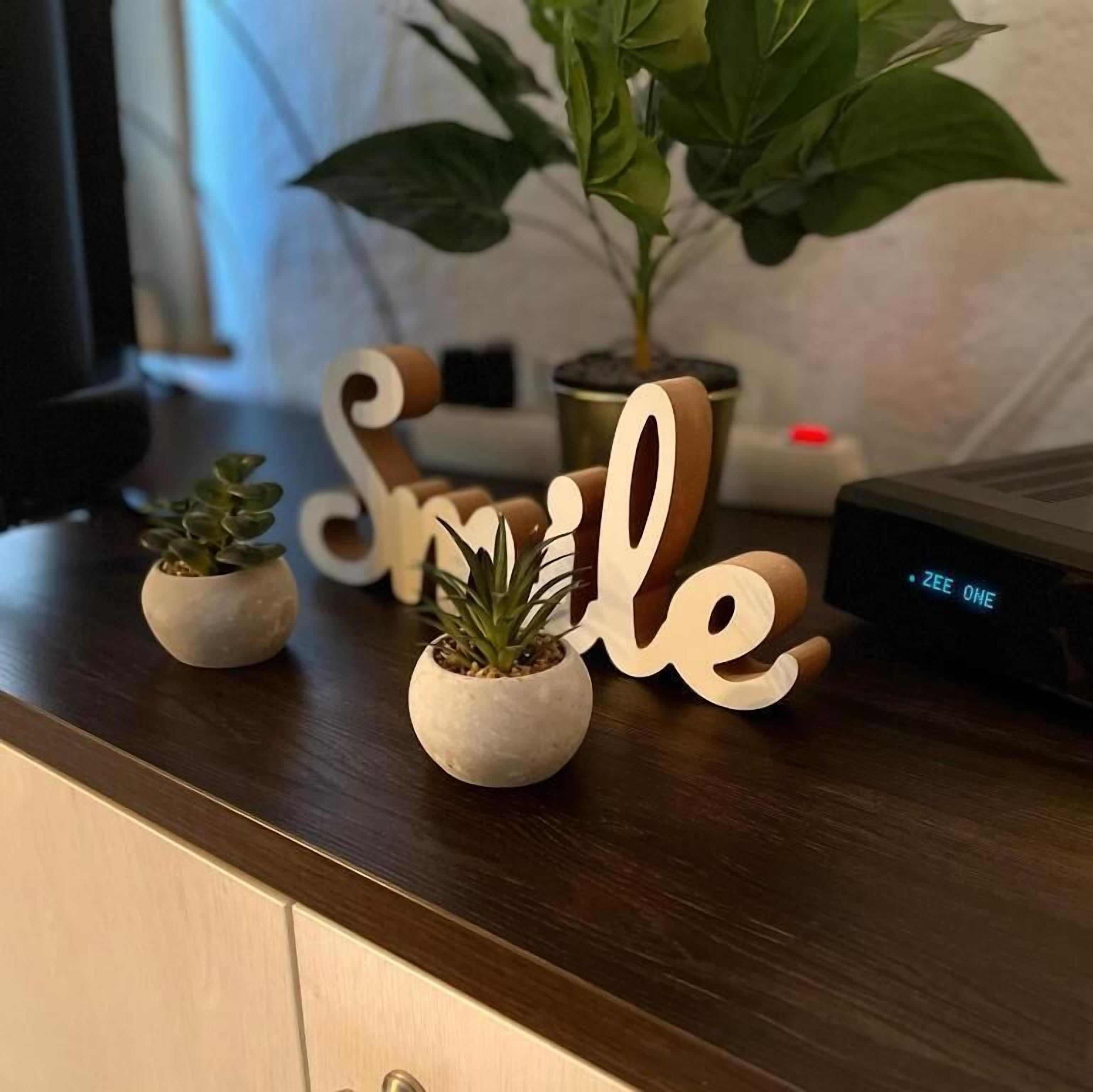 A wooden desk with three small potted plants, a wooden sign spelling 'Smile,' and a digital clock displaying 'ZEE ONE.'