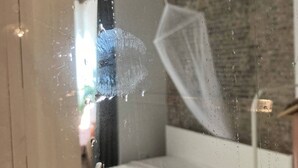 Una habitación con una cama, una pared de ladrillo y un ventilador de techo.