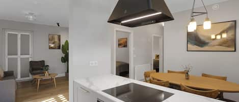Apartamento, 2 quartos, no piso térreo | Cozinha privada | Geladeira grande, fogão, cooktop, lava-louças