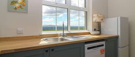 A kitchen with a window, a sink, a dishwasher, and a refrigerator.